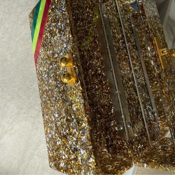 EDIE PARKER ACRYLIC CLUTCH – GOLD CONFETTI & RAINBOW STRIPE | HANDMADE | RARE - Picture 11 of 17